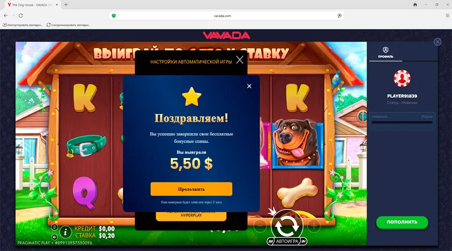 Результат 100 фриспинов в The Dog House, выигрыш $5.50